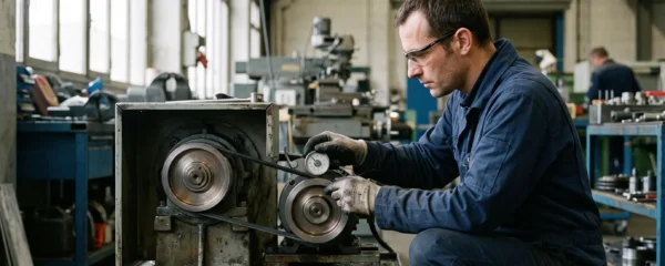 Un technicien contrôle la tension d'une courroie Poly-V sur une transmission compacte dans un atelier industriel.