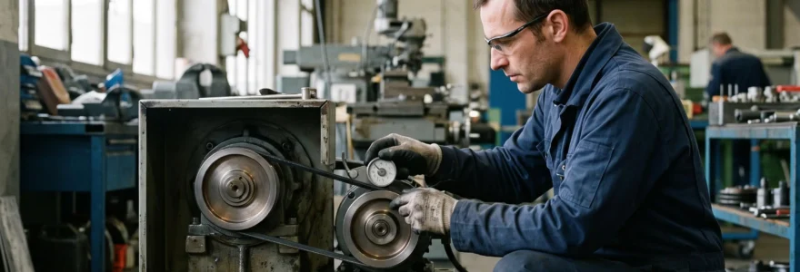 Un technicien contrôle la tension d'une courroie Poly-V sur une transmission compacte dans un atelier industriel.